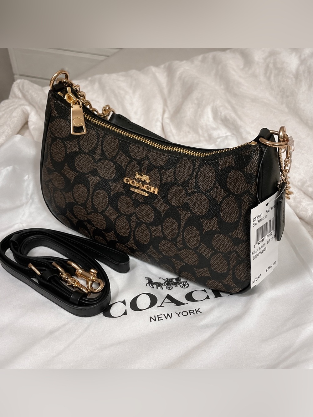Coach Brown and Black Signature Crescent Shoulder Bag
